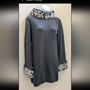 INC Silk & Angora Blend Sweater Dress Size PM Gray Animal print Faux Fur Trim
